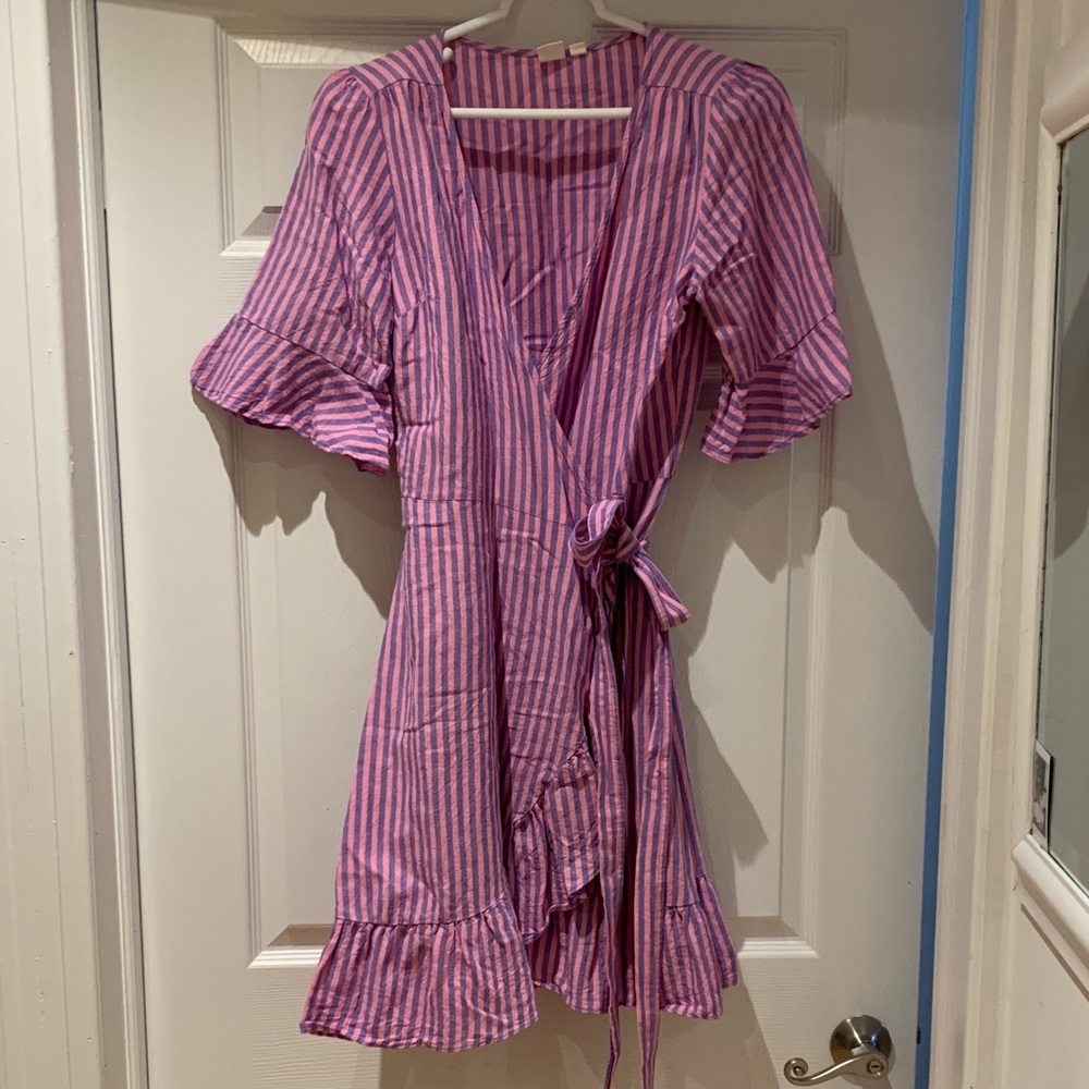 Pink and Blue Striped Wrap Dress